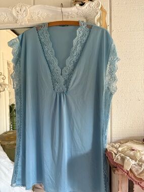 Vintage Light Blue Lace Trim Women's Nightgown XL